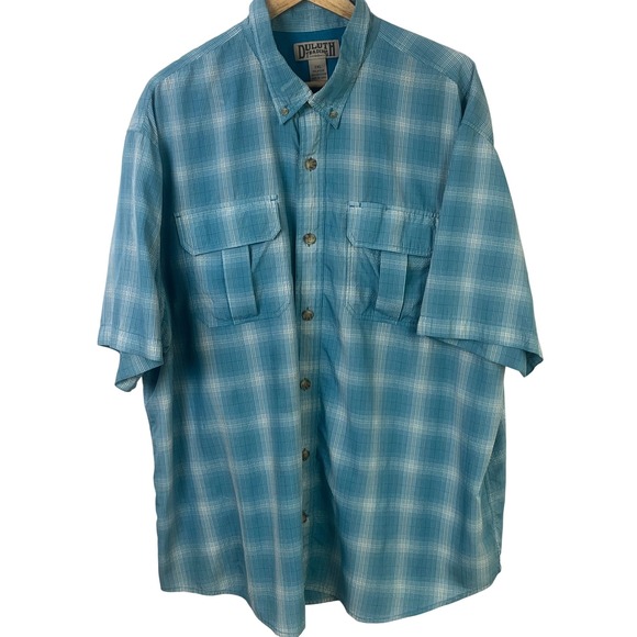 Duluth Aqua Blue Check Men's Fishing Hiking Camping Shirt Short Sleeves Size 2XL - Picture 1 of 6